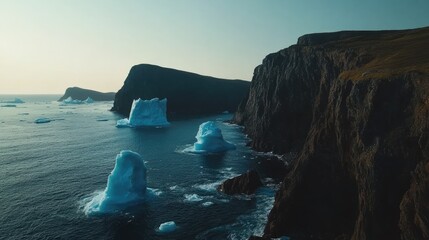 Majestic icebergs floating near rocky cliffs under a clear sky in a tranquil sea