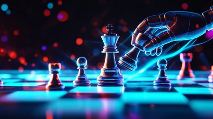 Cybernetic Checkmate: A robotic hand, bathed in vibrant neon light, reaches for the king in a high-stakes chess game, showcasing the intersection of technology and strategy.  