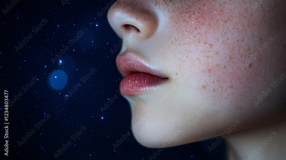 Poster freckled skin close-up with soft lips illuminated by a cosmic background featuring twinkling stars a
