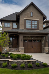 Luxury Brown Stone House Exterior: Modern Home Architecture and Landscaping Design