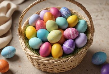 Fototapeta premium an elegant arrangement of colorful Easter eggs in a woven basket, egg decorating ideas, vibrant colors