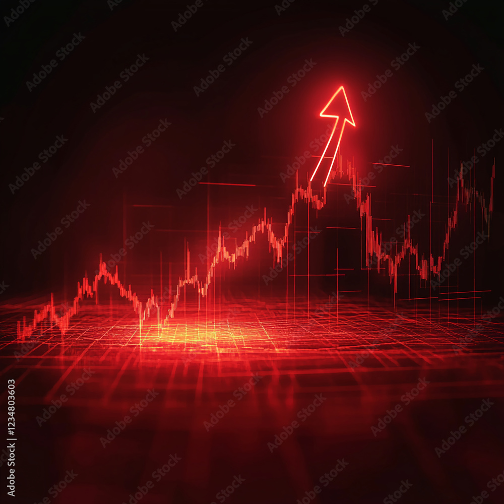 Poster Close-up of a digital stock market graph with red glowing lines and an upward arrow, symbolizing growth, success, and financial gains in trading and investment.