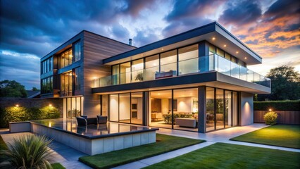 Fototapeta premium Luxury modern home for sale. Long-exposure photography highlights its stunning architecture and design.
