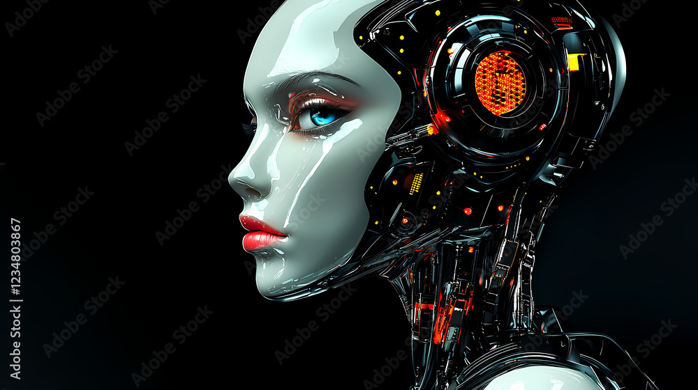 Poster cybernetic android with a sleek design featuring luminous accents and a futuristic aesthetic embodyi
