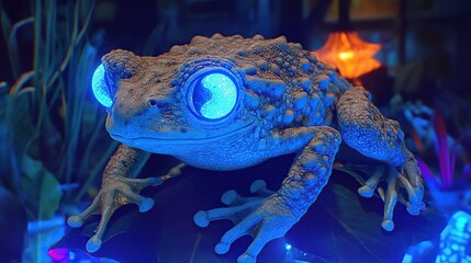 Glowing-eyed frog terrarium night scene, fantasy decor
