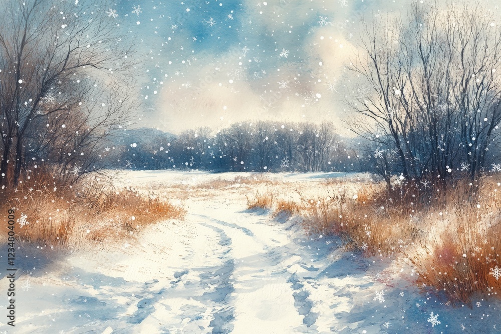 Poster Winter landscape with snowy path and frosty trees in a serene nature setting