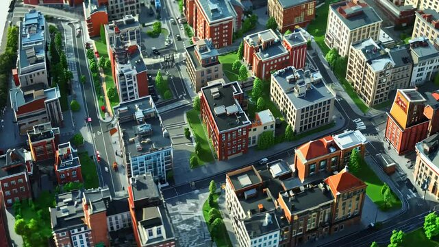 High Angle View of City Block with Diverse Building Styles and Lush Greenery