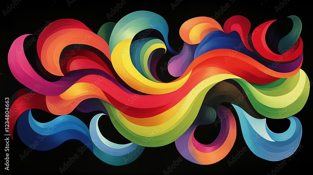 Poster abstract colorful wavy lines on black background with flowing soft, rounded letters in rainbow gradi