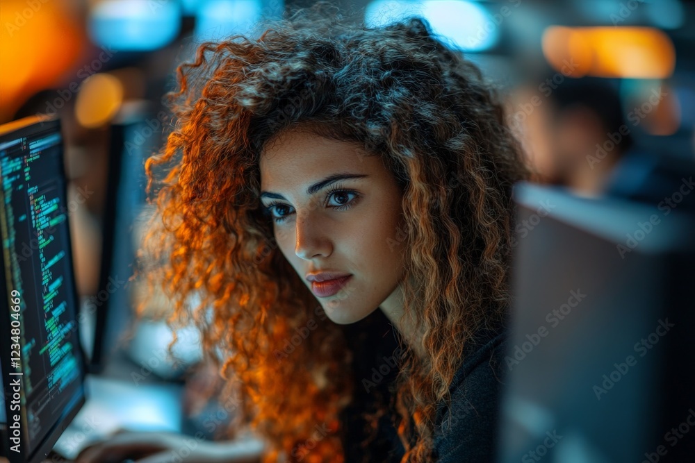 Poster Young woman focused on coding in a modern tech workspace during evening hours