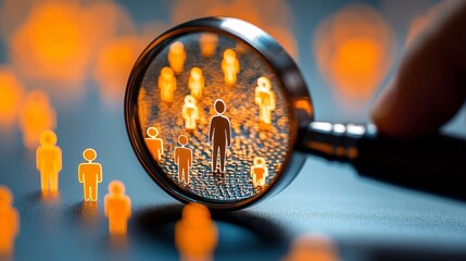 Finding the Right Fit: A magnifying glass focuses on a single person icon among a blurred background of similar icons, emphasizing the importance of targeted research and individual selection.