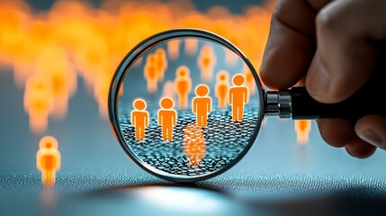 Target Audience: A magnifying glass focuses on a group of tiny human figures, symbolizing the importance of audience research and customer segmentation in marketing and business.