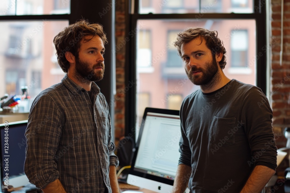 Wall mural Two men engaged in conversation in a modern workspace with a city view