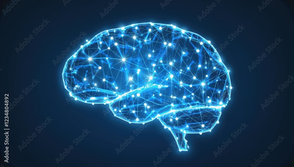 Poster polygonal brain with glowing lines and dots symbolizing data processing, artificial intelligence, ma