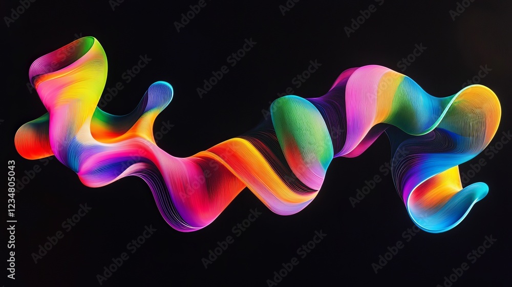 Poster abstract colorful wavy lines on black background with flowing soft, rounded letters in rainbow gradi