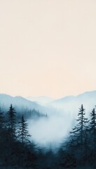 Fototapeta premium Misty mountain landscape with evergreen trees silhouetted against a pale sky.