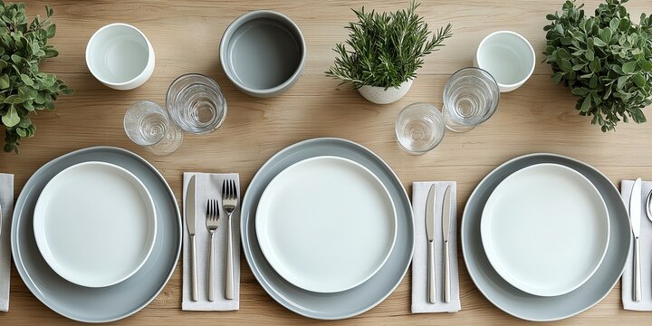 Elegant table setting with white plates, cutlery, and glassware, complemented by green plants on a wooden table.