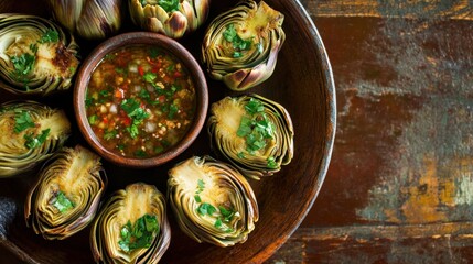 Top-down view of a deliciously grilled artichoke dish, served with dipping sauce on a rustic plate.
