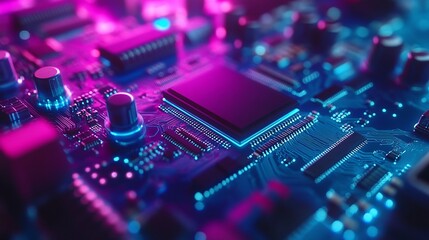 futuristic blue and purple processor board with integrated microchip architecture, representing the innovation of modern hardware for advanced information processing in technology devices