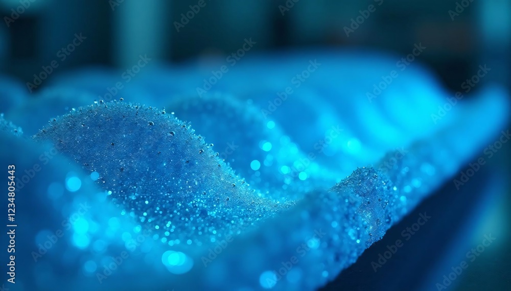 Poster enchanted azure: water droplets dance on a textured surface, creating a mesmerizing, ethereal glow. 