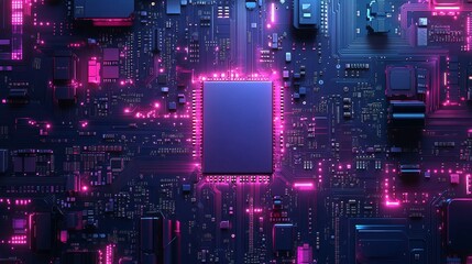 Obraz premium futuristic blue and purple processor board with integrated microchip architecture, representing the innovation of modern hardware for advanced information processing in technology devices