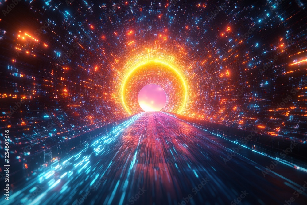 Poster explore a vibrant digital tunnel with sparkling lights and radiant colors during a journey to an unk