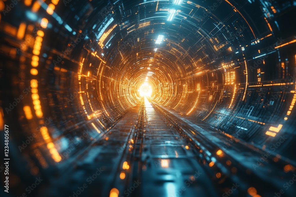 Aufkleber digital tunnel illuminated by glowing orange and blue lights moving toward a bright exit point in a 
