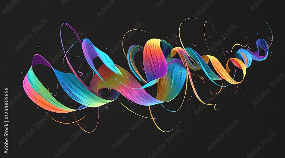 Poster abstract colorful wavy lines on black background with flowing soft, rounded letters in rainbow gradi