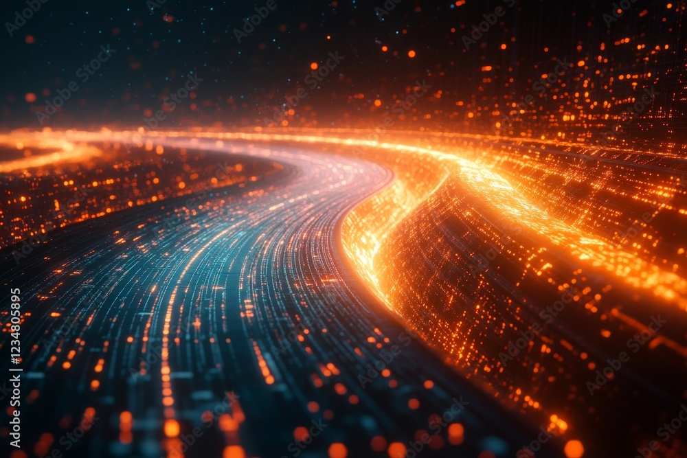 Poster digital abstract landscape with glowing lines and particles flowing through a dark space
