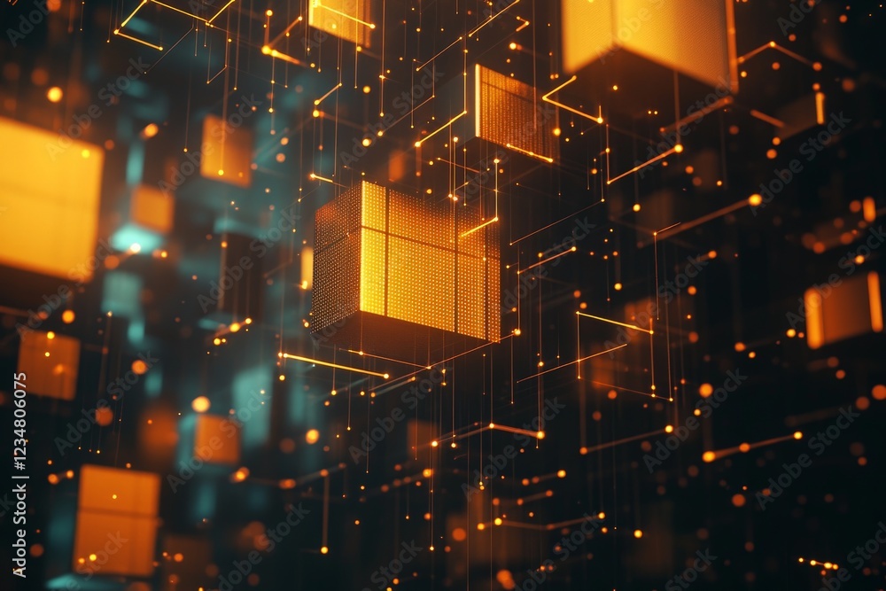 Aufkleber Digital cubes float in a vibrant space of glowing particles and lights during a creative abstract display