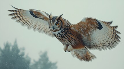Majestic Owl in Flight Against a Soft Winter Skyline Background