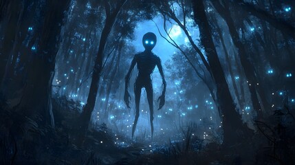 Mysterious Alien Creature in Enchanted Forest - Otherworldly Encounter, Fantasy Cryptid, Paranormal Exploration