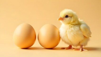 Fluffy yellow chicken and eggs on a beige background
