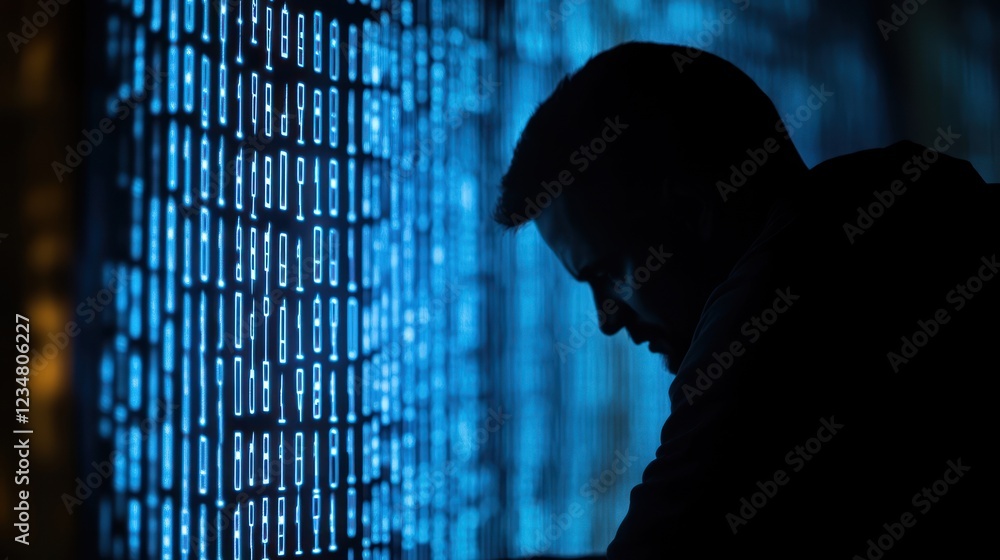 Poster silhouette of a person in front of a wall of blue binary code