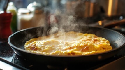 Steaming Omelette in a Black Frying Pan on a Stovetop