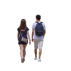 Un homme et une femme qui marchent de dos. L’homme porte un t-shirt blanc, un short clair et un...