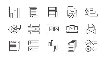 Survey line icon set. Audit, analysis, plan, evaluation, quality process, result, feedback, exam, document, business management data, inspection, statistic line icon set. UI thin line icon pack.