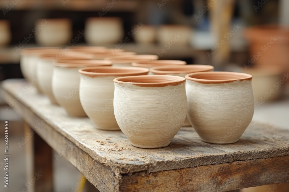 Poster Handcrafted pottery displayed on a wooden table at a pottery workshop in a rustic setting during daylight hours