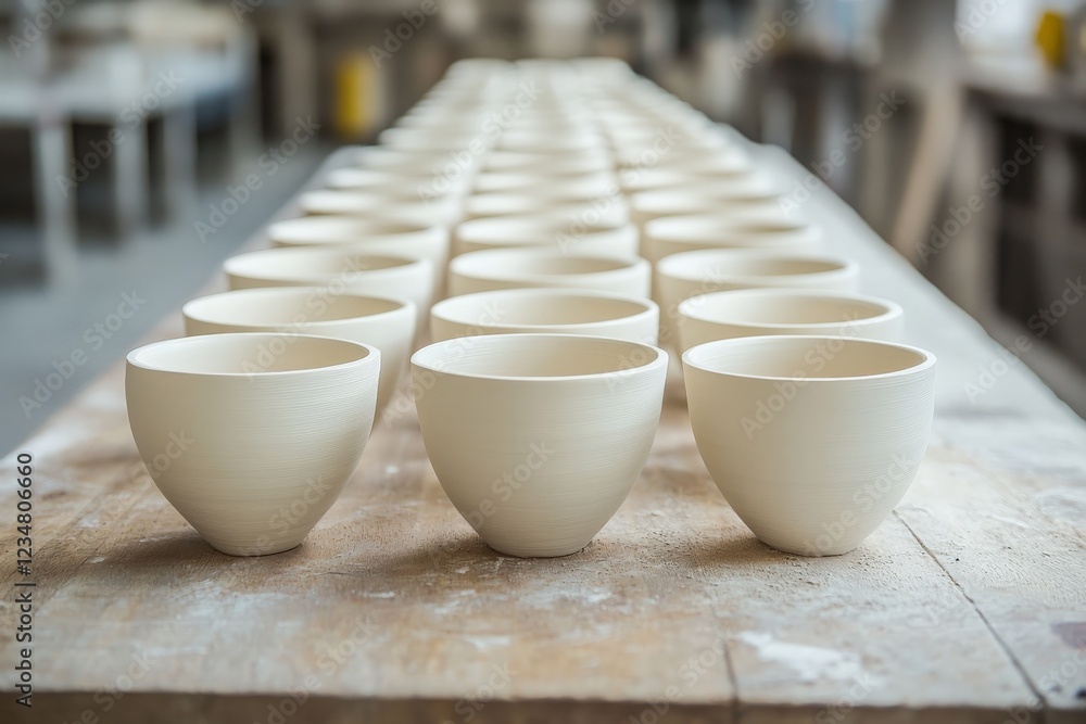 Aufkleber ceramic bowls arranged on a workbench in a pottery studio during daylight hours