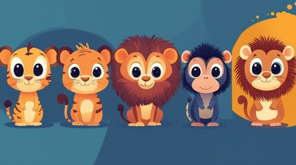 Obraz premium Cute baby animals sitting together; jungle background; kids' book illustration