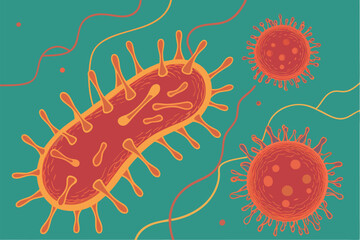  Microscopic bacteria and viruses, colorful microorganisms, scientific illustration, vibrant colors, detailed cellular structures, rod-shaped bacteria, spherical viruses, organic shapes, teal backg