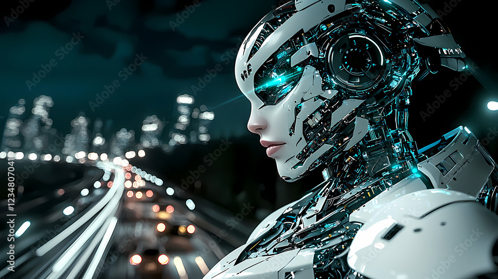 Aufkleber futuristic robot profile illuminated by neon lights with a city skyline in the background and blurre
