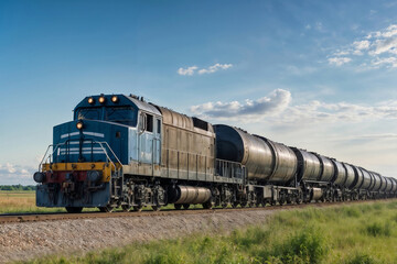 Obraz premium Modern freight train with black tanks with oil travels in the countryside in summer against the backdrop of a blue sky