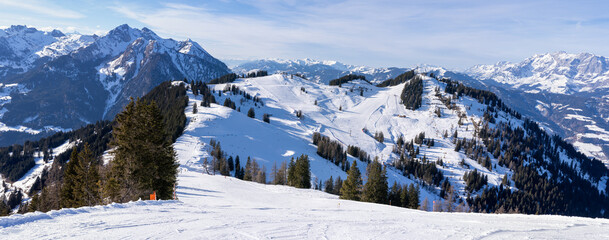 Panorama view of ski slopes at Flachau and St. Johann in Austrian Alps, Snow Space Salzburg, part of Ski Amade skiing area