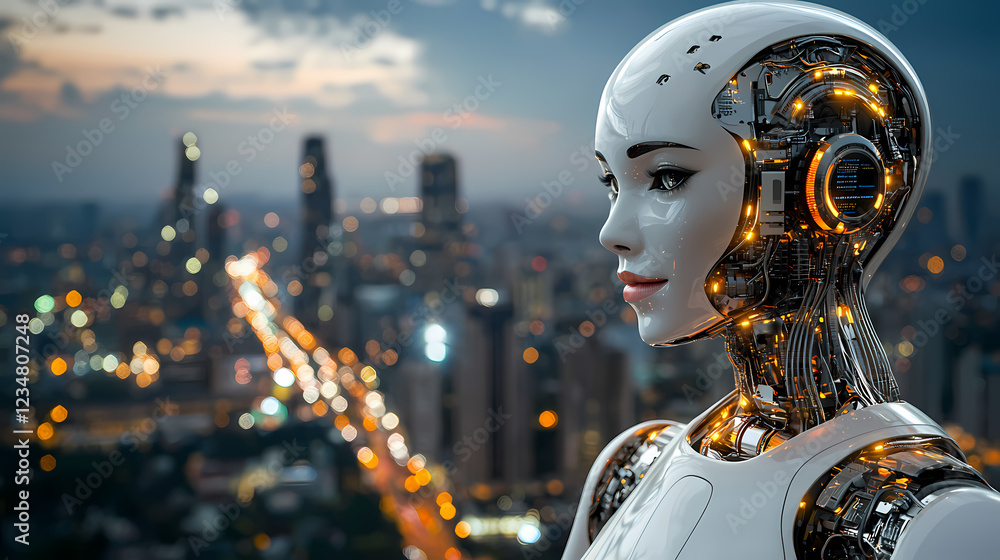 Poster futuristic humanoid robot with intricate circuitry overlooking a vibrant cityscape illuminated at ni