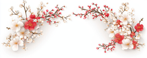 Beautiful floral arrangement featuring white and red blossoms, delicate branches, and soft petals, perfect for spring themes and celebrations