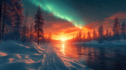 A mesmerizing sunset illuminates a snowy landscape with a river and the aurora borealis