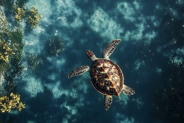 A serene underwater scene featuring a turtle swimming amidst marine plants.
