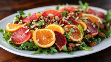 Vibrant orange almond salad featuring fresh greens, citrus slices, and crunchy nuts, ready to eat on a white plate.