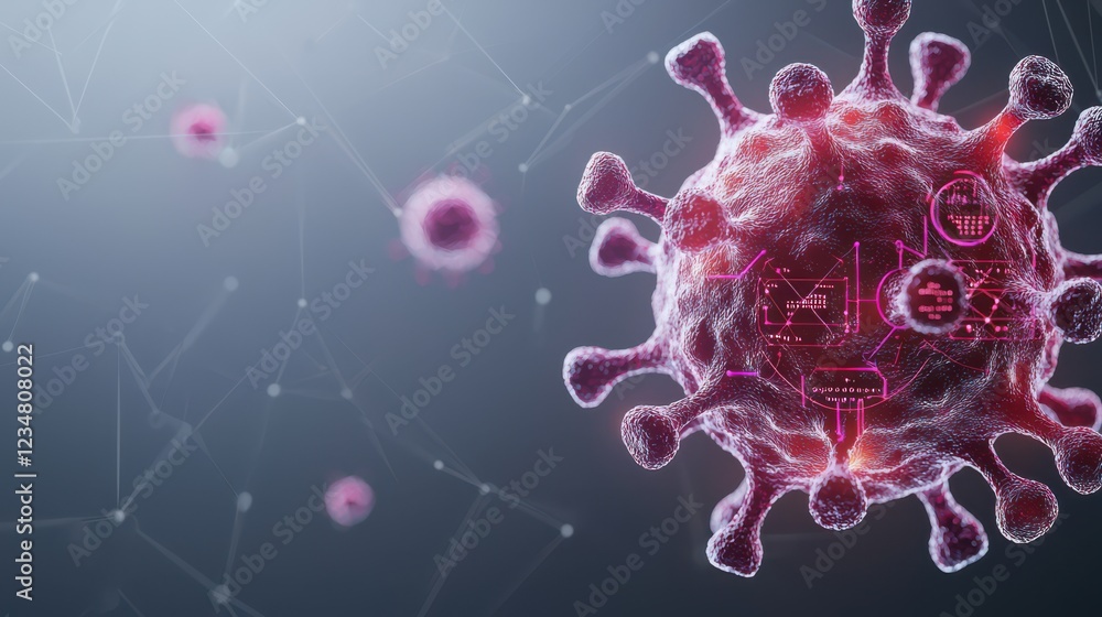 Poster three-dimensional depiction of virus with digital elements and molecular structure
