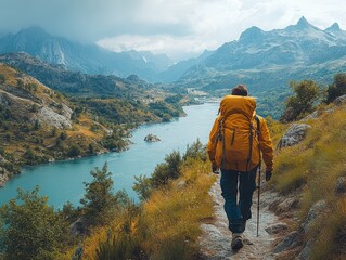 Person with large backpack hiking on mountain path with scenic river valley view